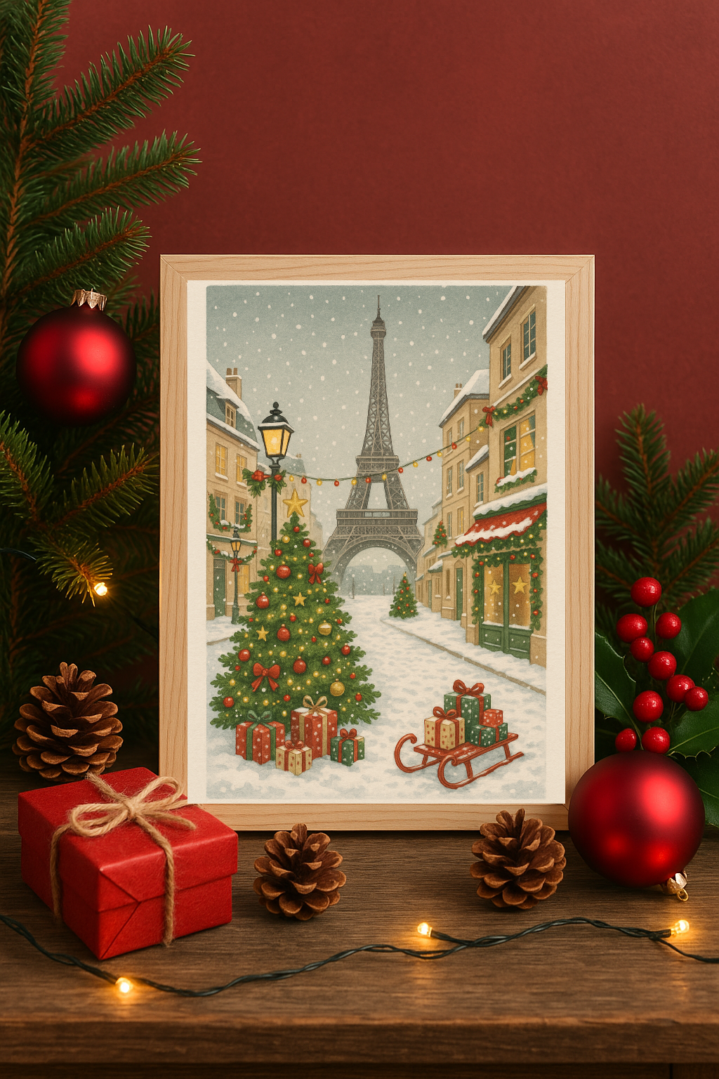 Paris Christmas Street Wall Art – Eiffel Tower Holiday Tree Print