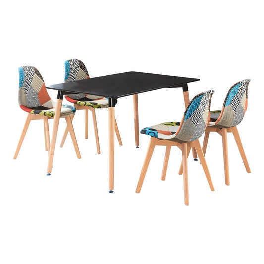 Patchwork Halo Dining Set Includes a Black Dining Table & Set of 4 Multicolour Fabric Chairs