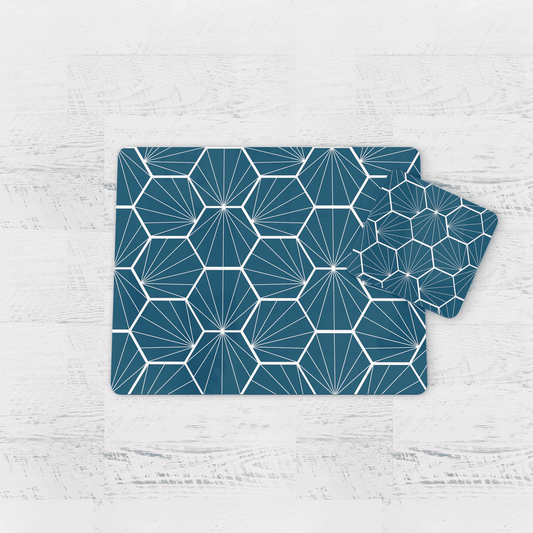 Peacock Blue Geometric Hexagons Placemats, Set of 4 or Set of 6