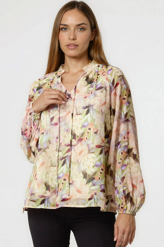 Green Floral Print Tie Neck Blouse