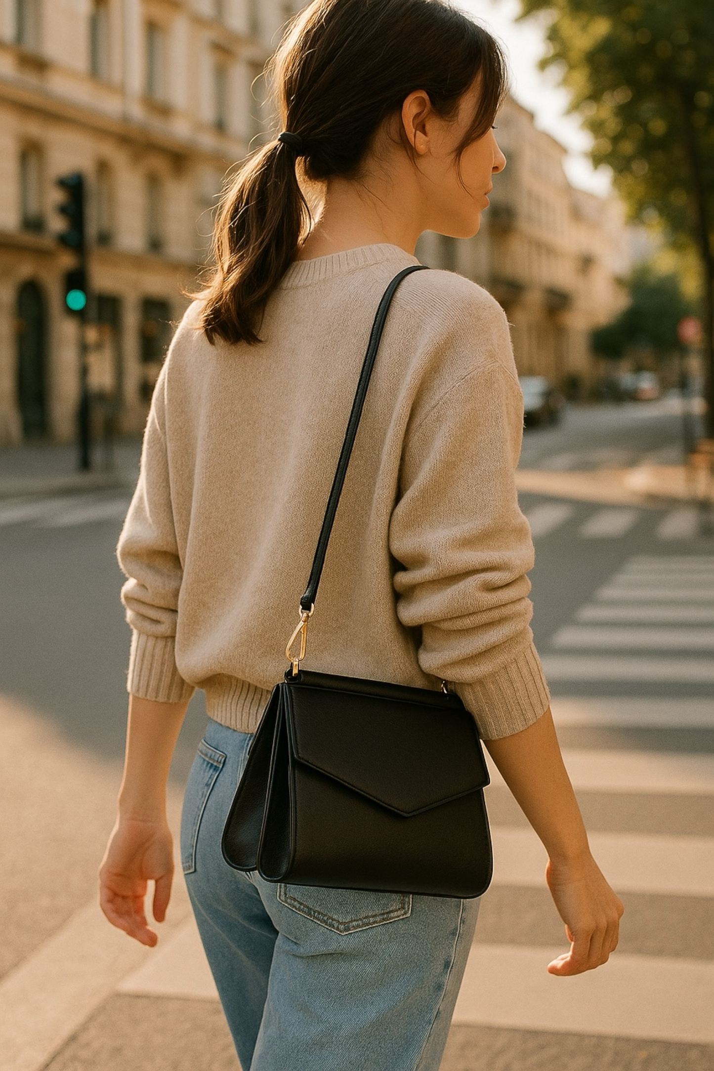 Thea Black Double Flap Crossbody Bag