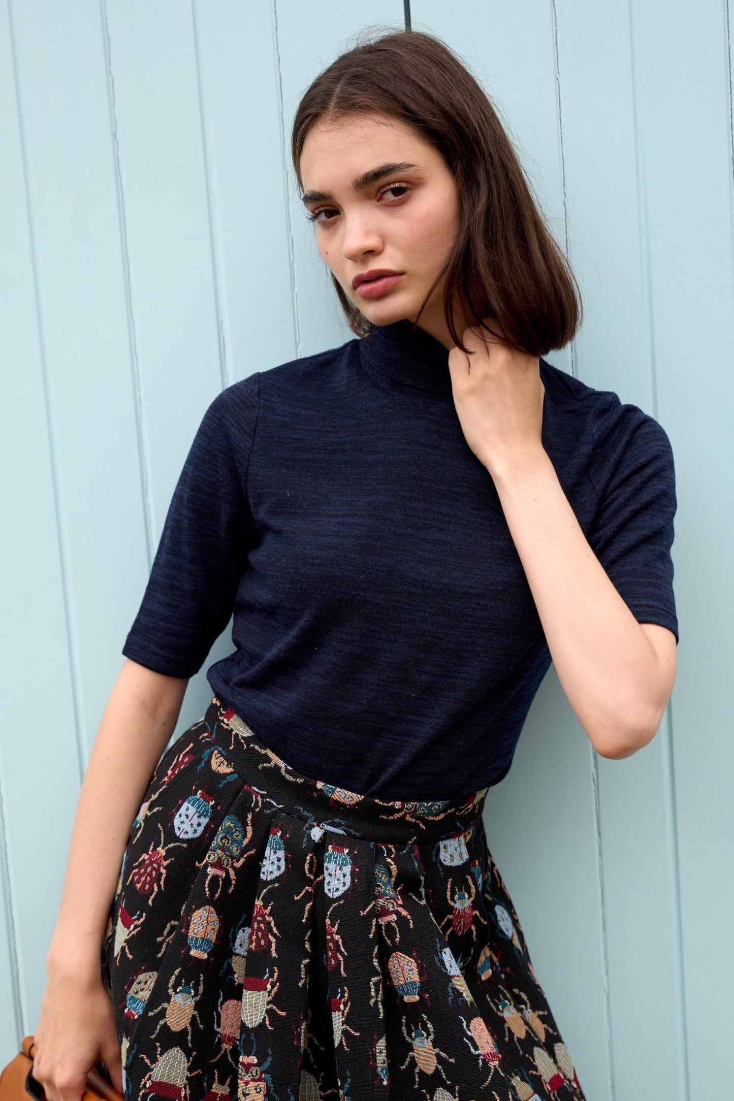 Vista Sustainable Marl Short Sleeve Polo Neck Top - Navy