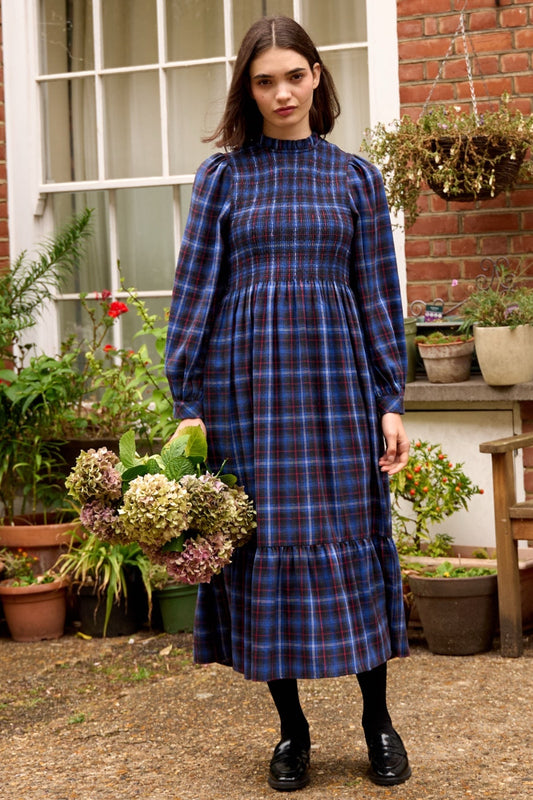 Peppi Winter Check Smocked Bodice Midi Dress - Blue