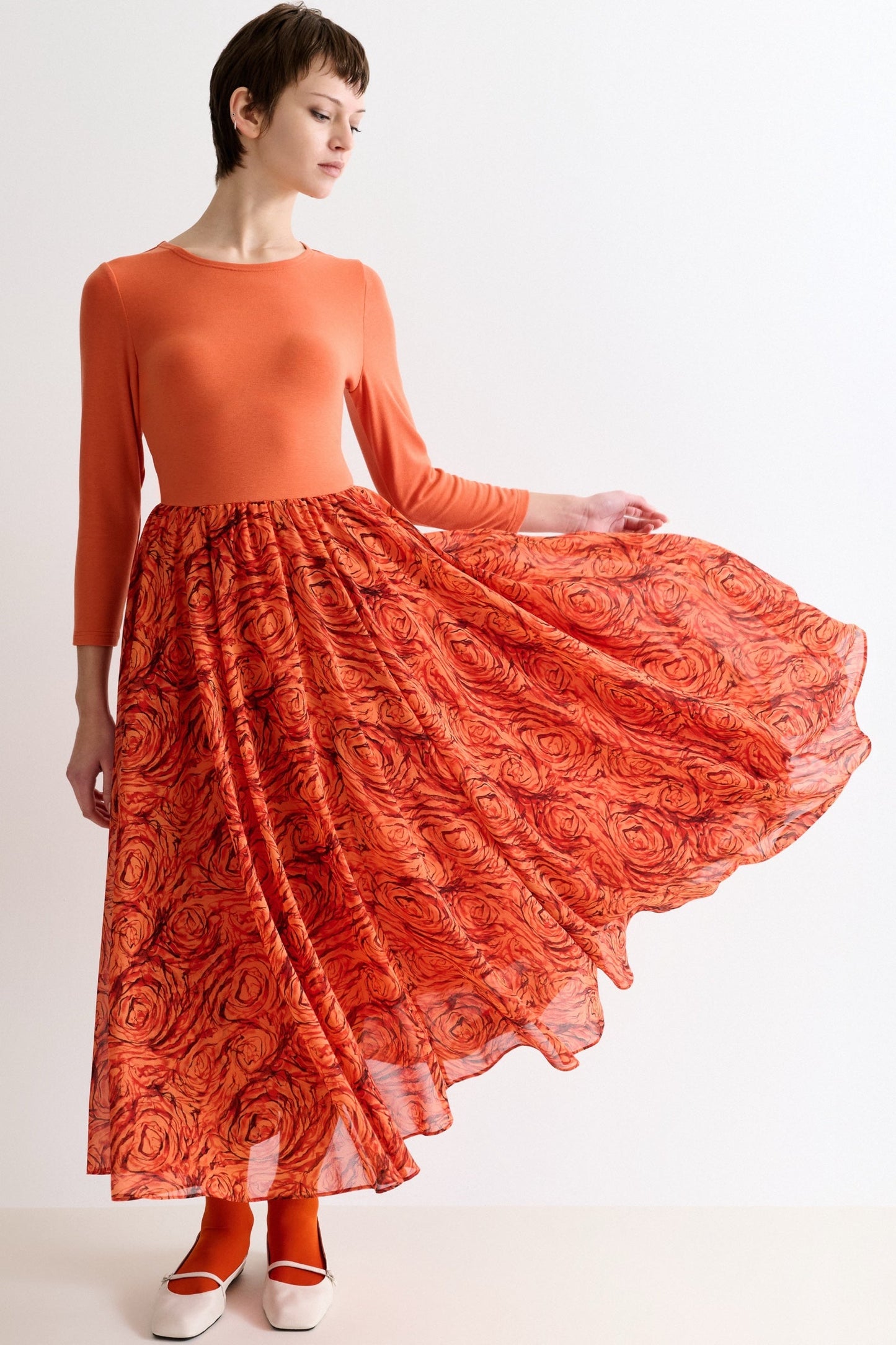 Huxley Rosechild Jersey Top Circle Skirt Midi Dress - Apricot