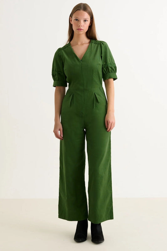 Finlay Babycord V Neck Ric Rac Trim Jumpsuit - Olive Green