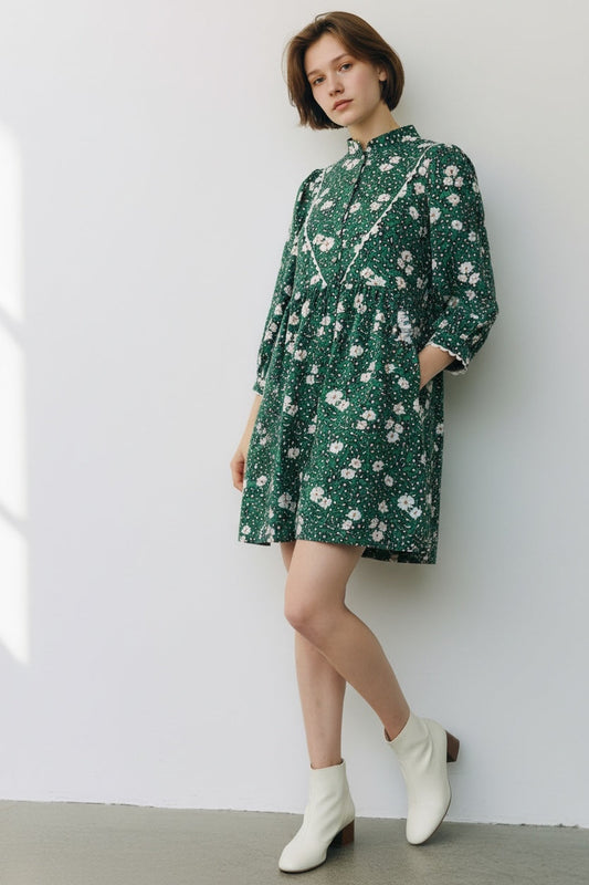 Louche Suzanne Roaring Daisy Print Long Sleeve Mini Dress - Green