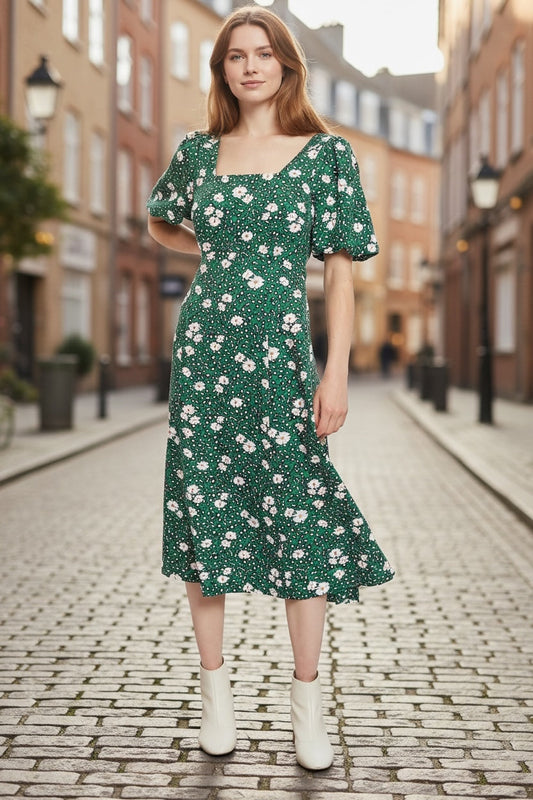 Louche Nadine Roaring Daisy Print Square Neck Balloon Sleeve Midi Dress - Green