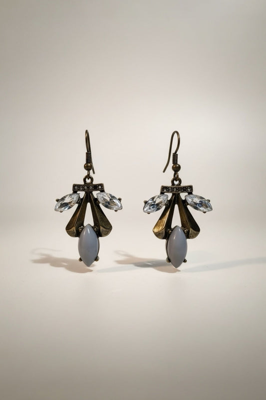 Blue Antique Gold Crystal Drop Earrings