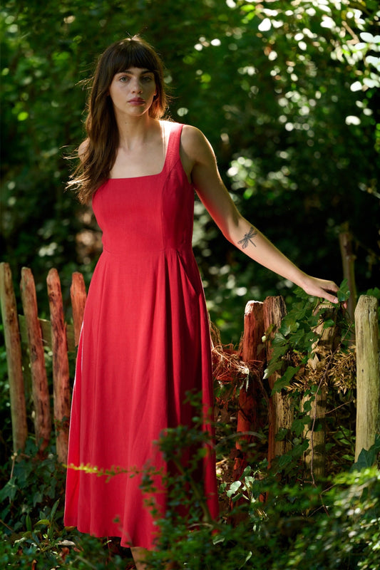 Baya Linen Mix Square Neck Midi Dress - Red