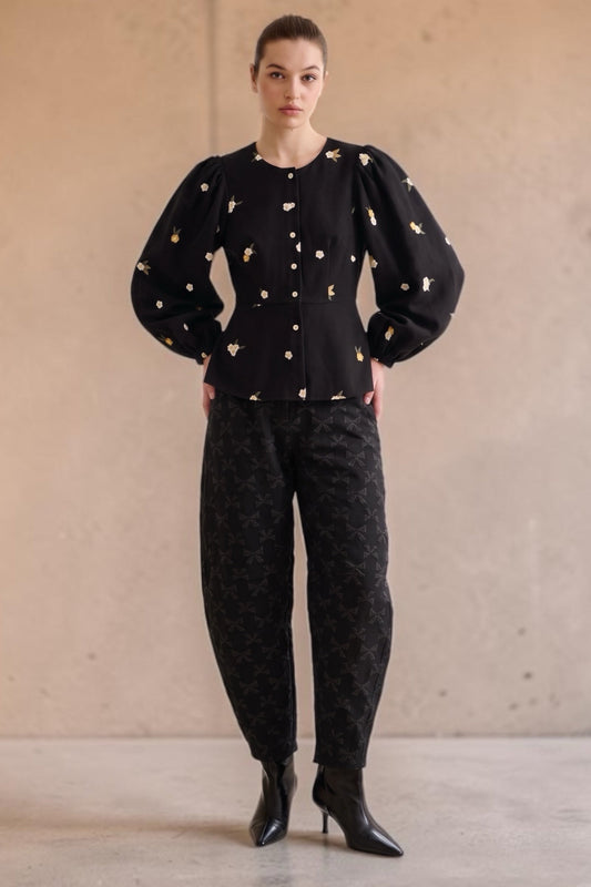 Sutton Black Bow Jacquard Barrel Trousers