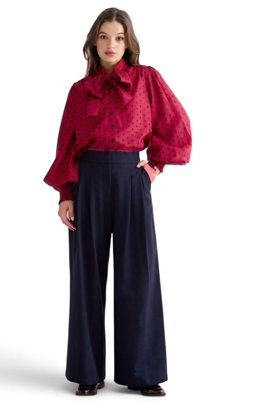 Tyler Fine Twill Pleat Front Wide Leg Trouser -  Navy