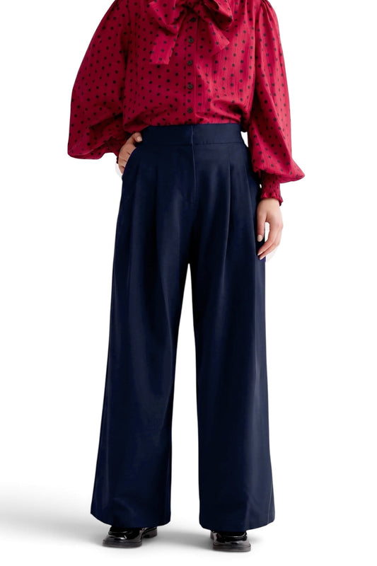 Tyler Fine Twill Pleat Front Wide Leg Trouser -  Navy