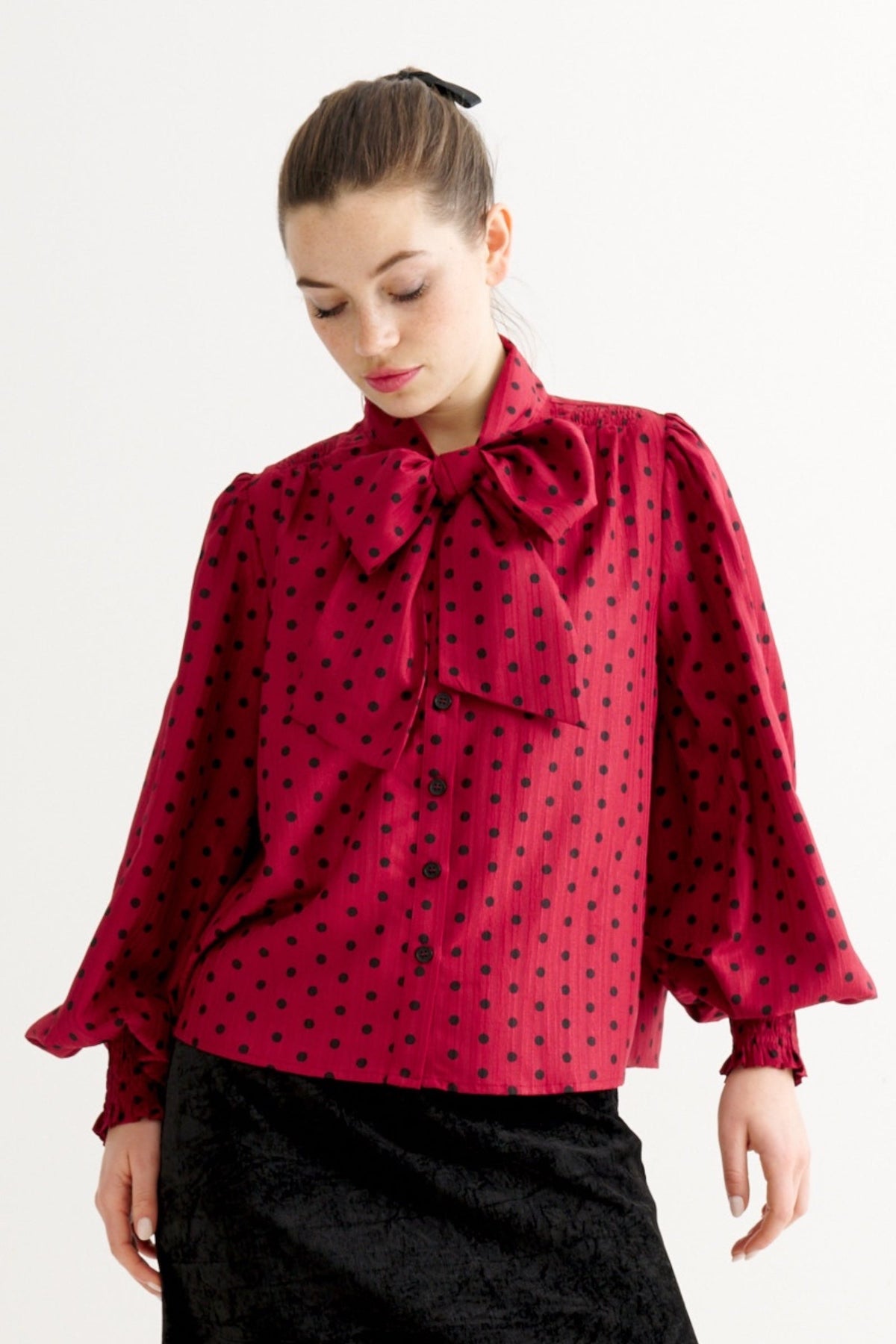 Aditi Spot Tie Neck Blouse - Wine