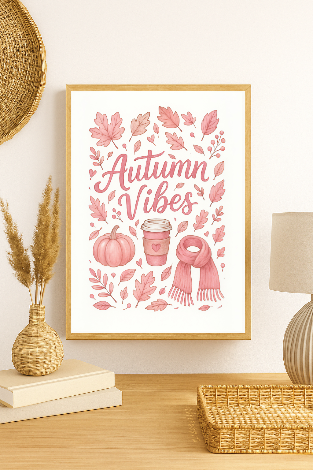 Pink Autumn Vibes Wall Art – Cozy Fall Print with Pumpkins, Coffee & Falling Leaves