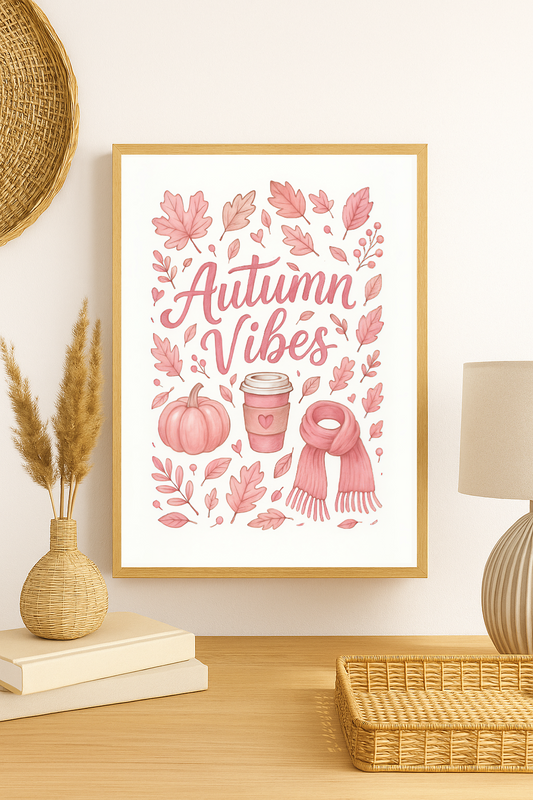 Pink Autumn Vibes Wall Art – Cozy Fall Print with Pumpkins, Coffee & Falling Leaves