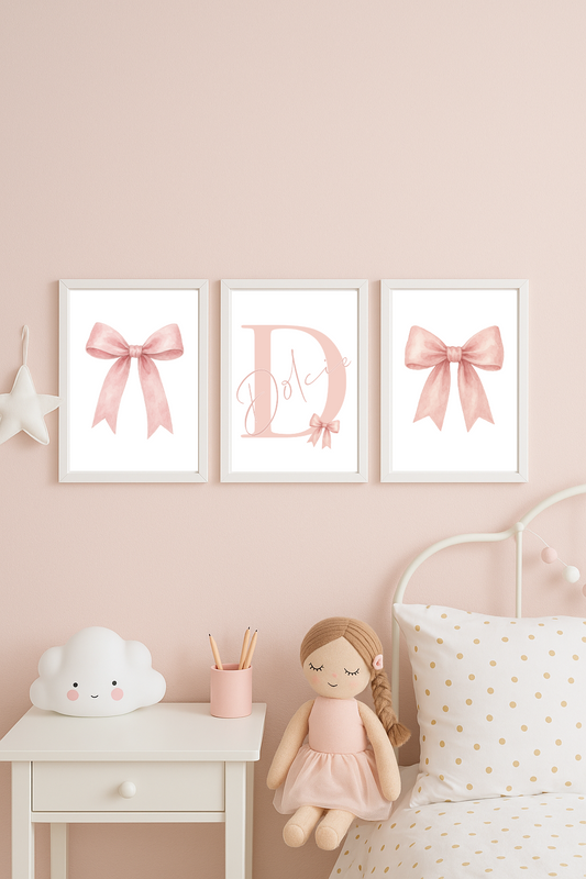 Personalised Pink Bow Wall Art Set – Custom Initial & Name Nursery Print