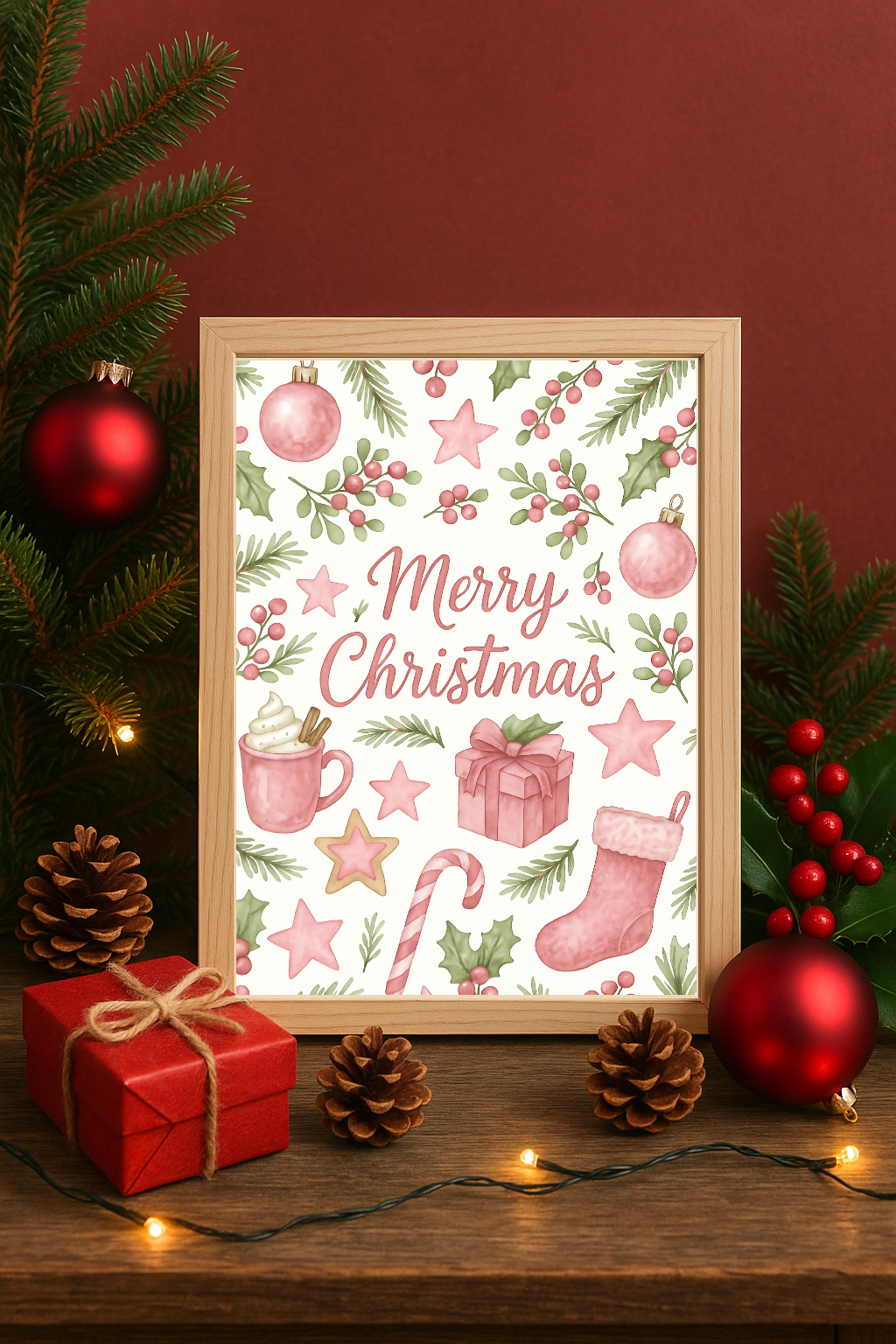 Pink Merry Christmas Wall Art – Pink Festive Ornaments, Stocking & Gift Print