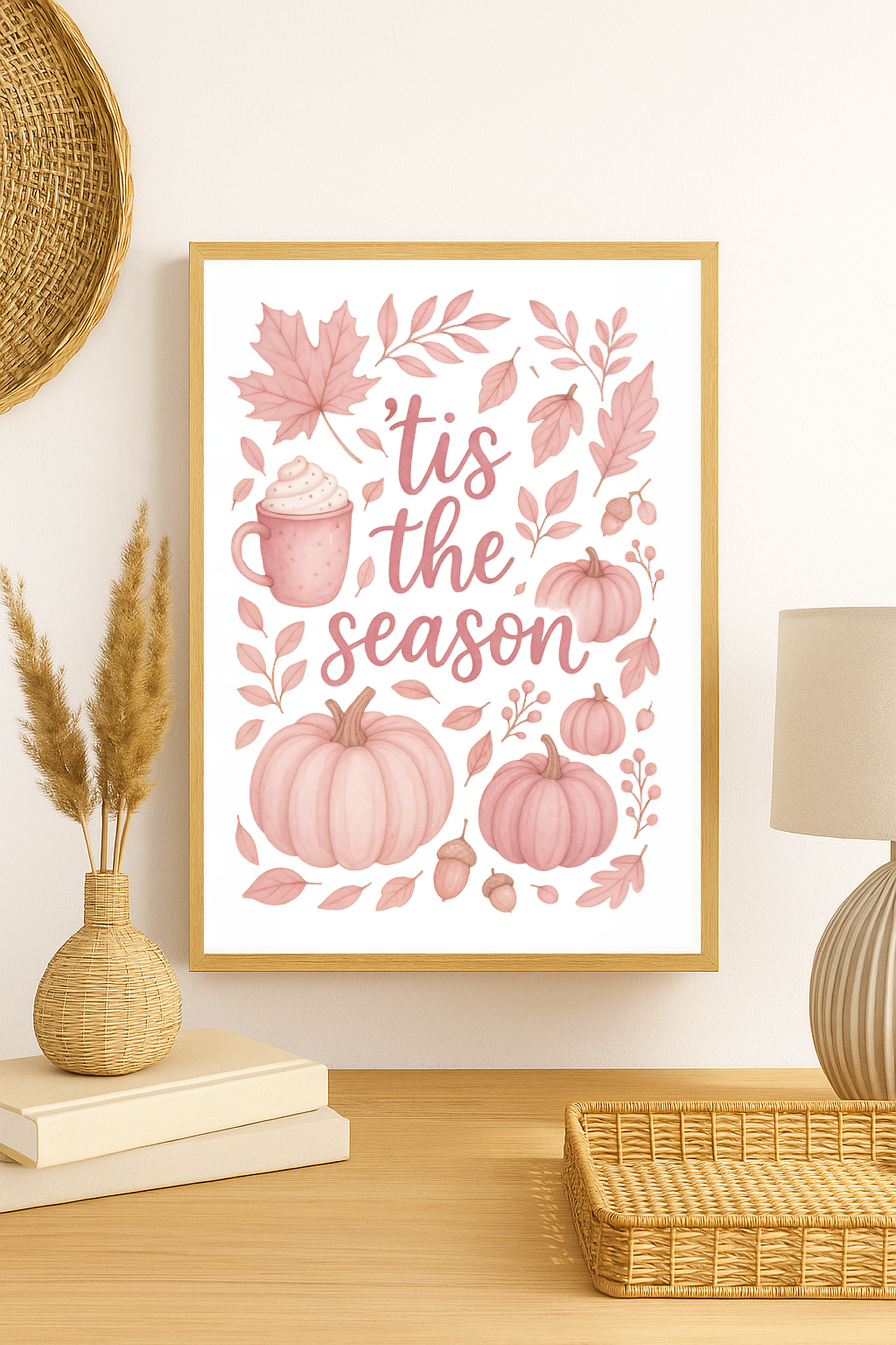 Pink Tis the Season Wall Art – Cozy Autumn Print with Pumpkins, Fall Leaves & Coffee Mug