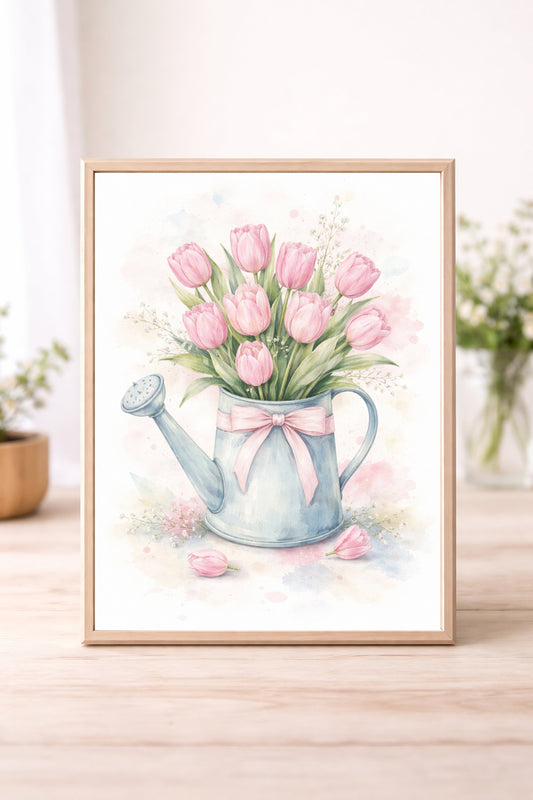Pink Tulips in Watering Can Wall Art – Soft Watercolour Floral Spring Home Decor Print