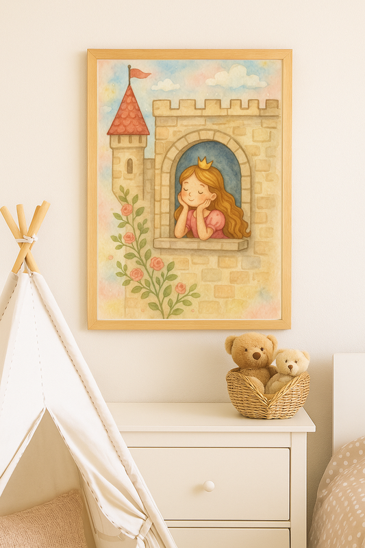 Princess in Castle Window – Fairytale Wall Art for Girls' Bedrooms