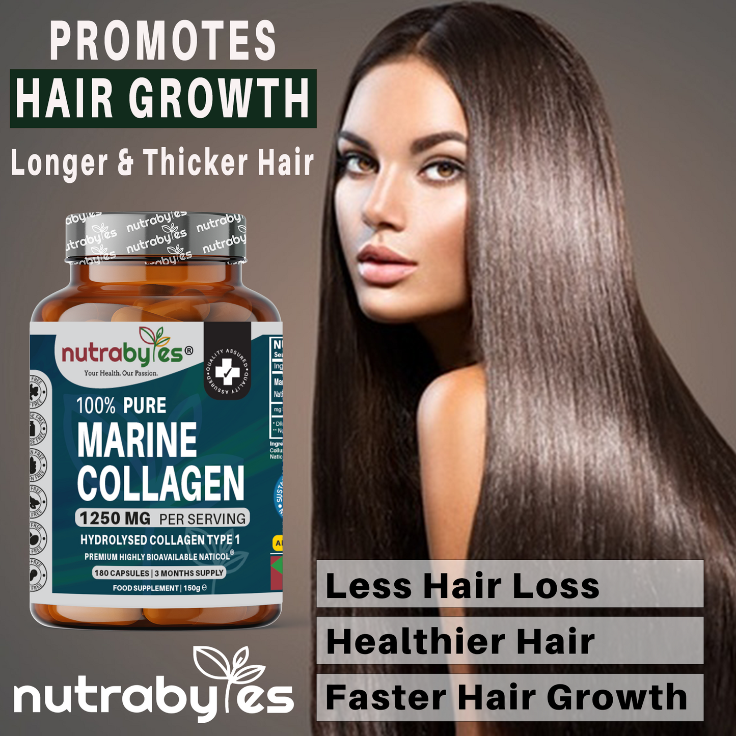 Pure Marine Collagen Supplement | 1250mg High Strength Collagen Capsules | Hydrolysed Marine Collagen Protein Peptides Type 1 | 180 Collagen Capsules | 3-month supply | Made in UK