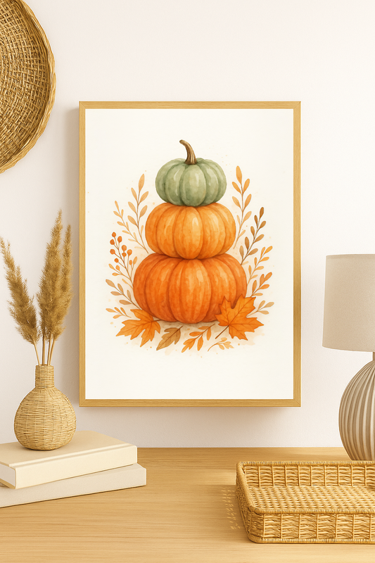Pumpkin Stack Wall Art – Rustic Autumn Harvest Print with Fall Leaves