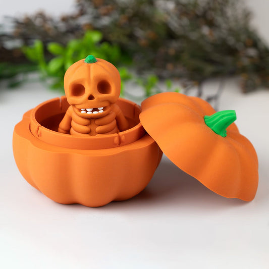 3D Printed Pumpkin Container with Skeleton Figurine | Spooky Halloween Decor & Candy Holder
