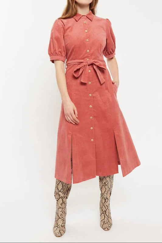 Louche Mollie Baby Cord Puff Sleeve Midi Shirtdress Blush Pink