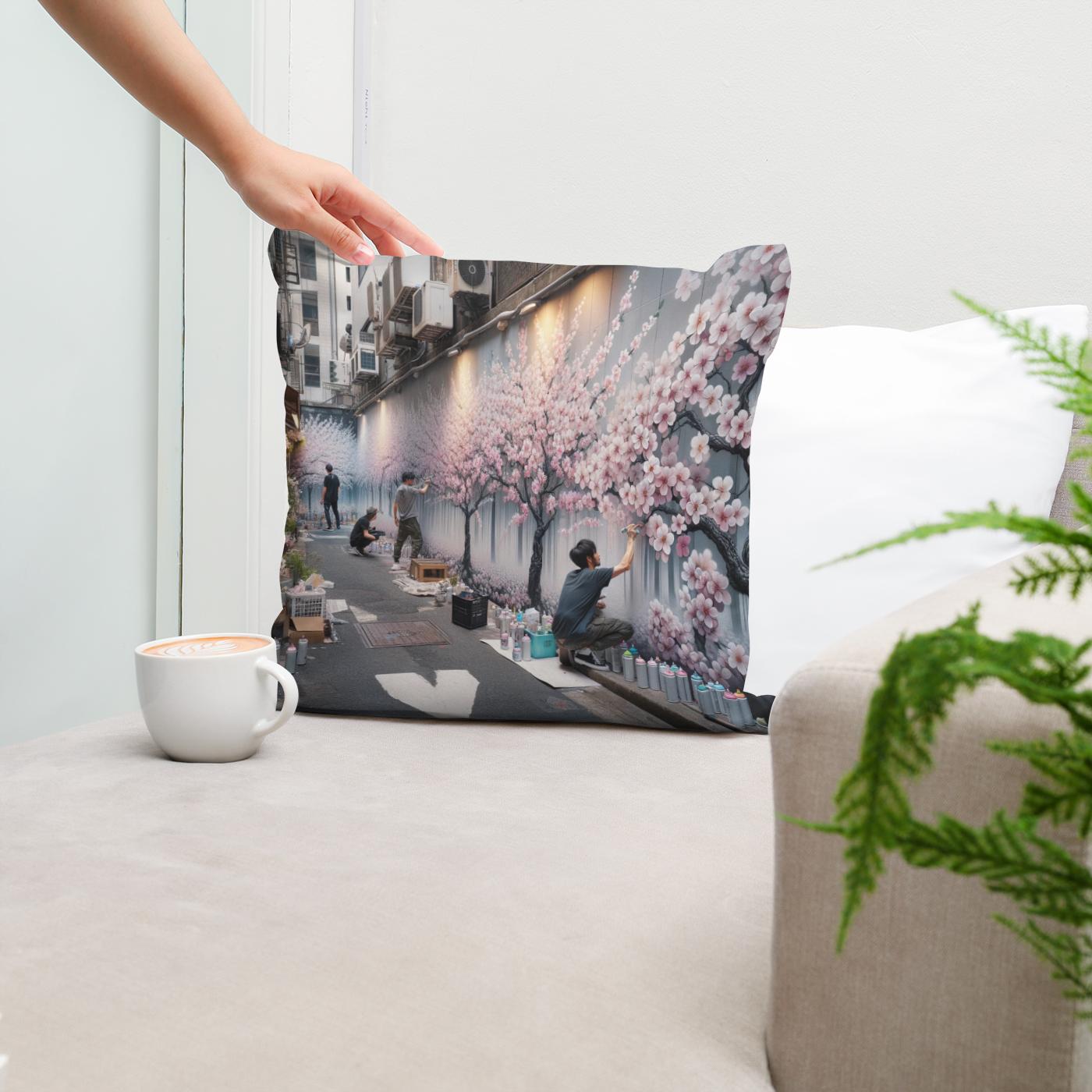 Cherry Blossom Graffiti Cotton Cushion