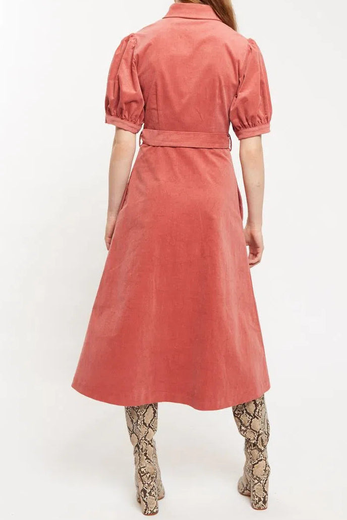 Louche Mollie Baby Cord Puff Sleeve Midi Shirtdress Blush Pink
