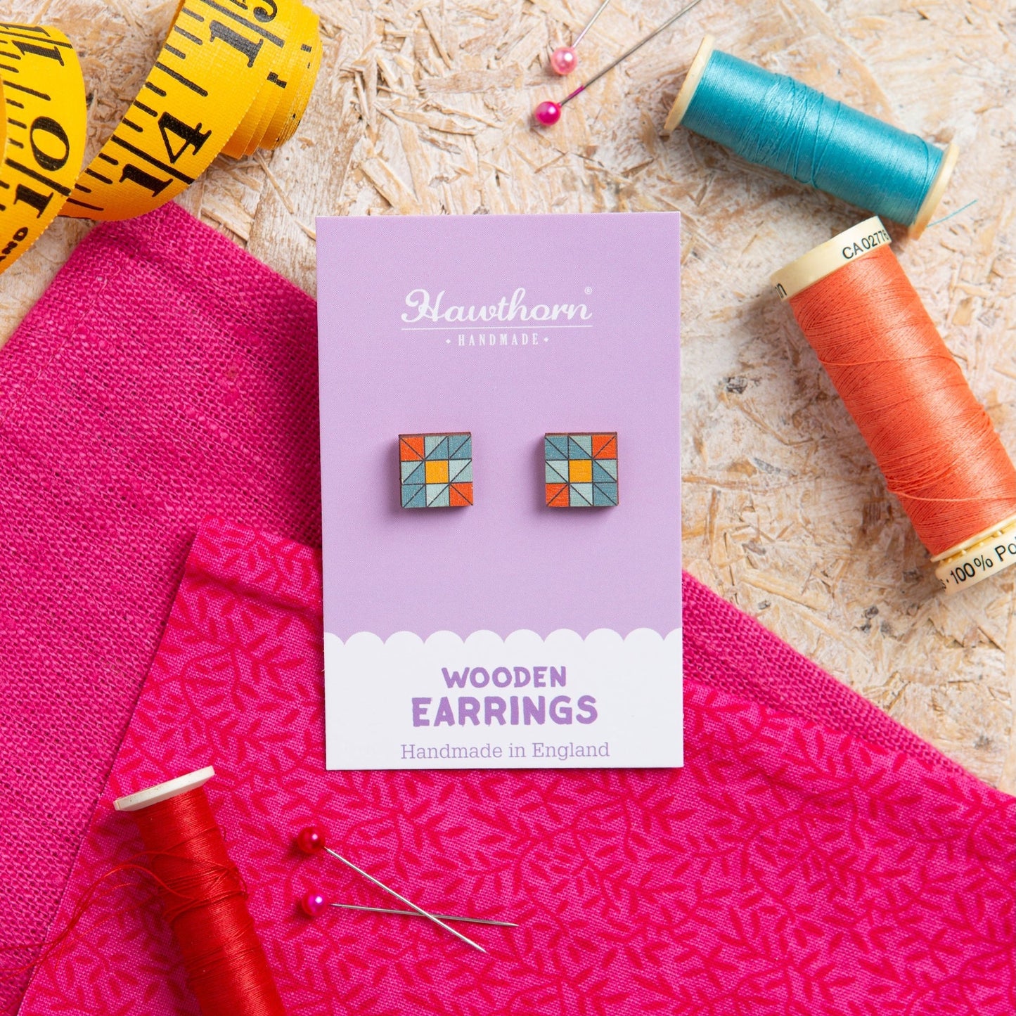 Quilt Block Wooden Earrings  - Quilting Gift