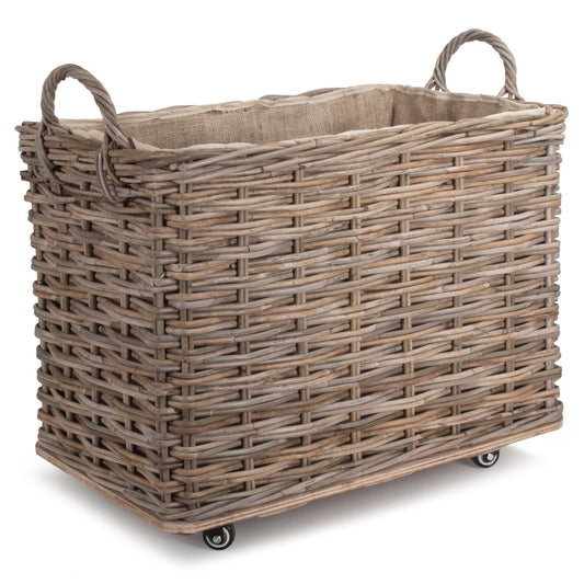 Small Wheeled Rattan Hessian Lined Log Basket
