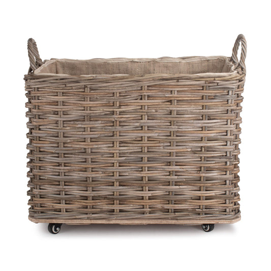 Small Wheeled Rattan Hessian Lined Log Basket