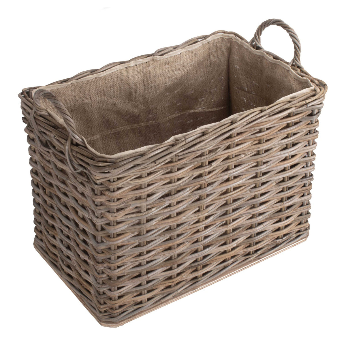Small Wheeled Rattan Hessian Lined Log Basket