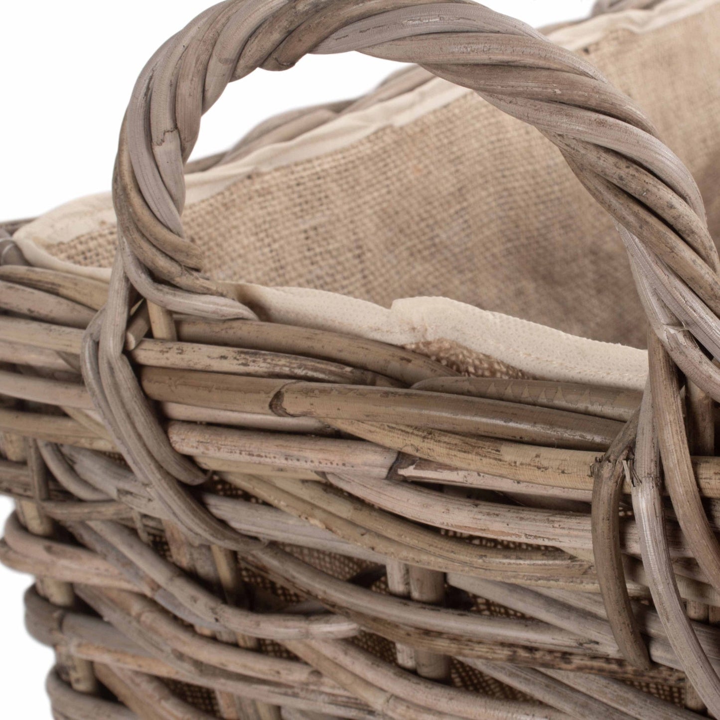 Small Wheeled Rattan Hessian Lined Log Basket