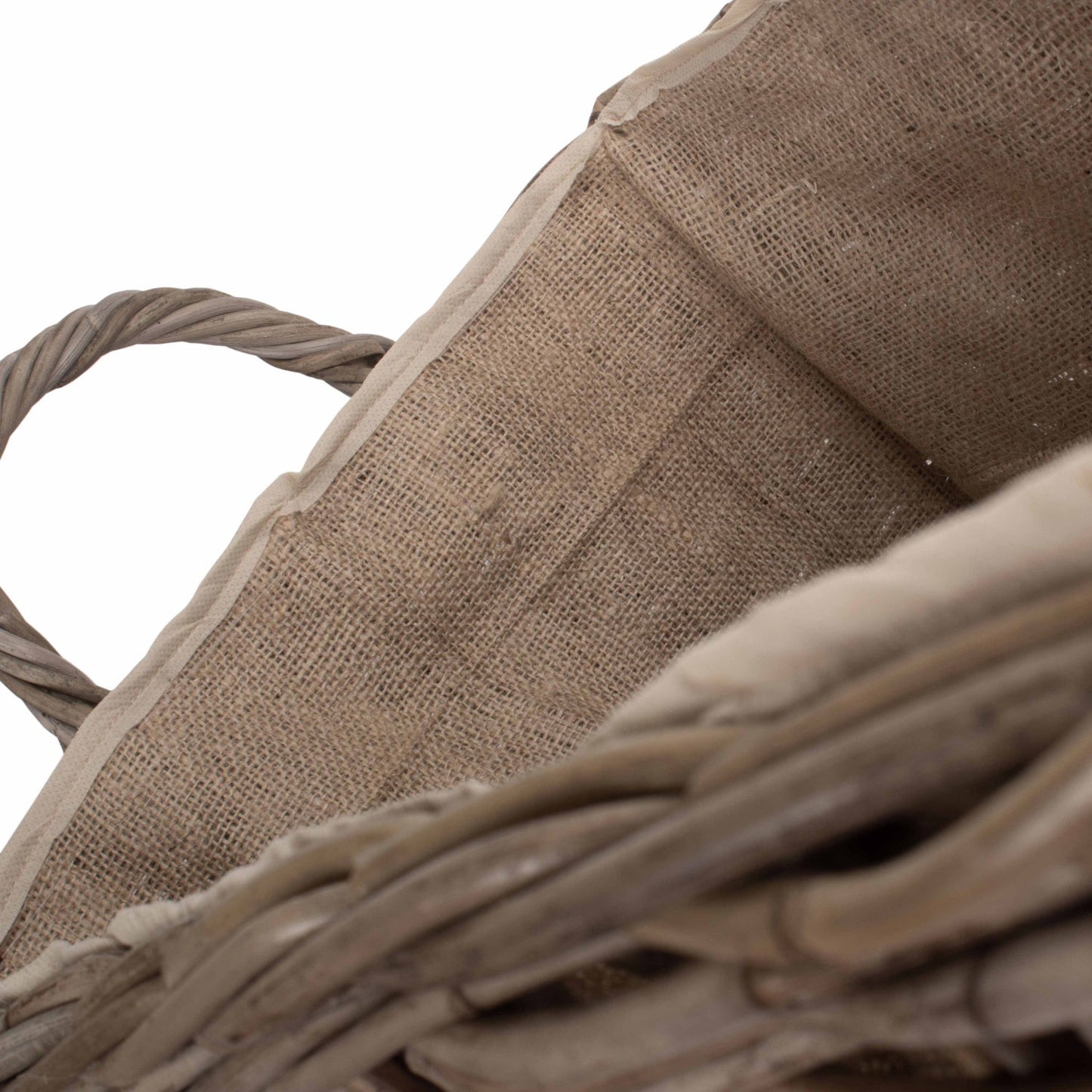 Small Wheeled Rattan Hessian Lined Log Basket