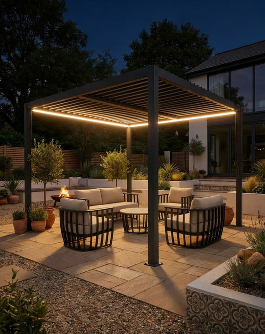 PURE 4x3m Pergola with Manual Louvered Roof and solar powered lighting