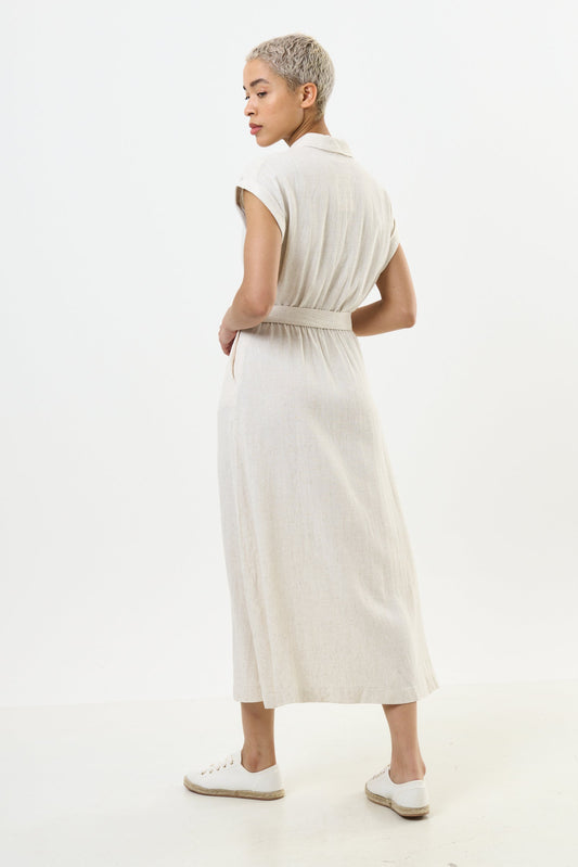 Reese Linen Mix Button Through Midi Shirt Dress - Natural