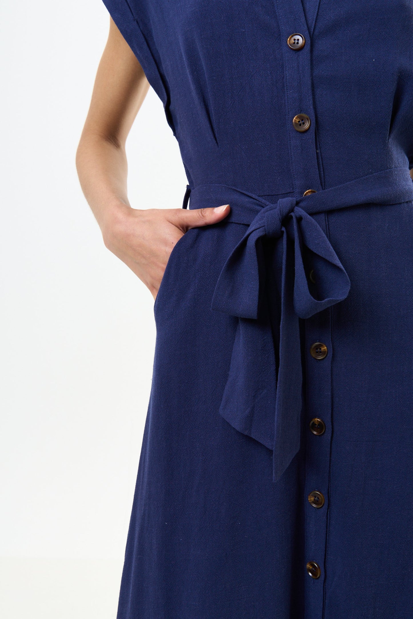 Reese Linen Mix Button Through Midi Shirt Dress - Navy