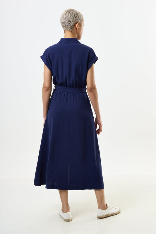 Reese Linen Mix Button Through Midi Shirt Dress - Navy