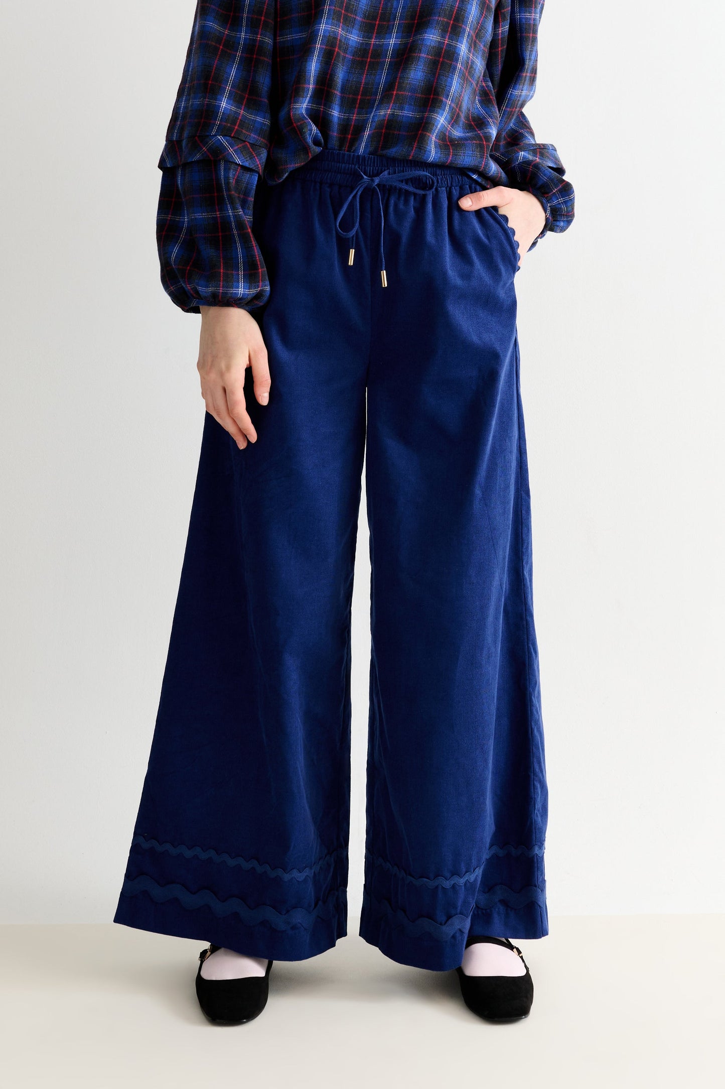 River Babycord Ric Rac Trim Wide Leg Trouser - Navy