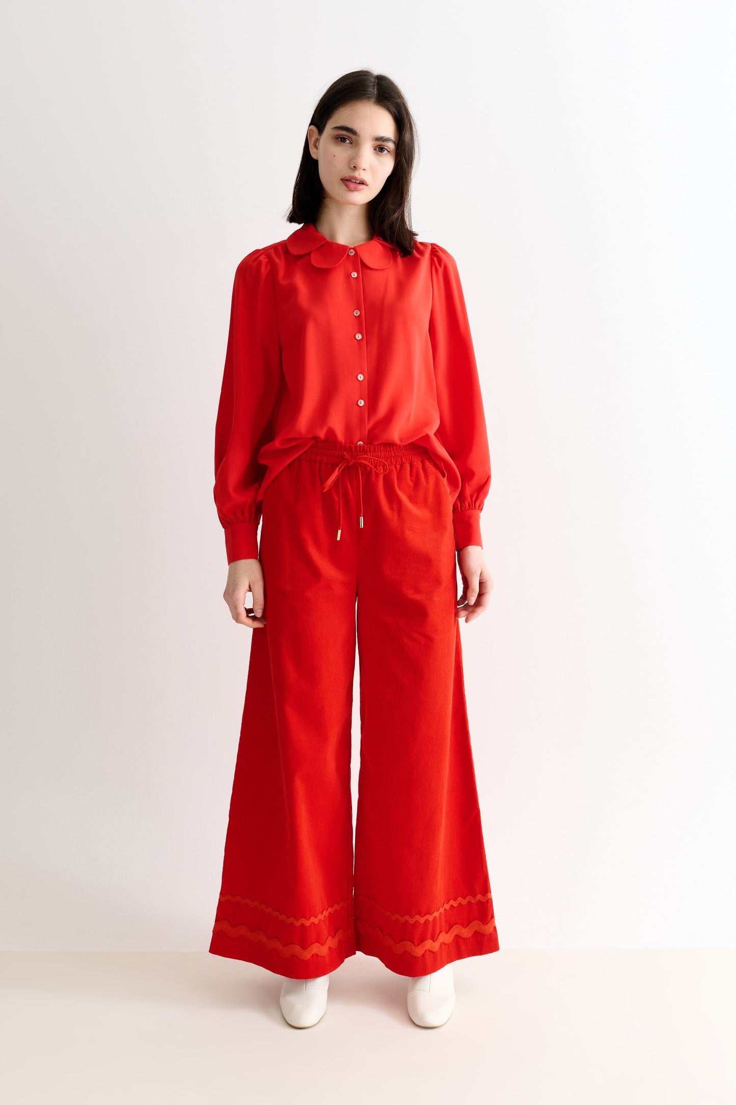 River Babycord Ric Rac Trim Wide Leg Trouser - Red