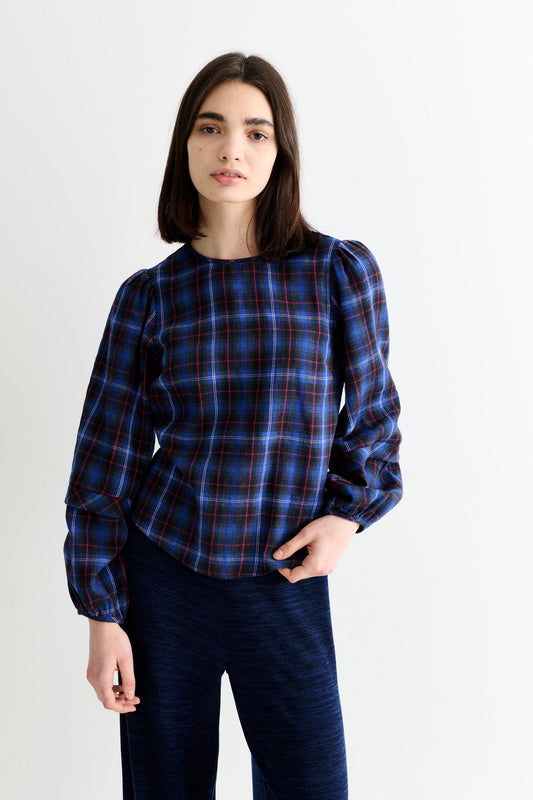 Rivka Winter Check Pleat Long Sleeve Blouse - Blue