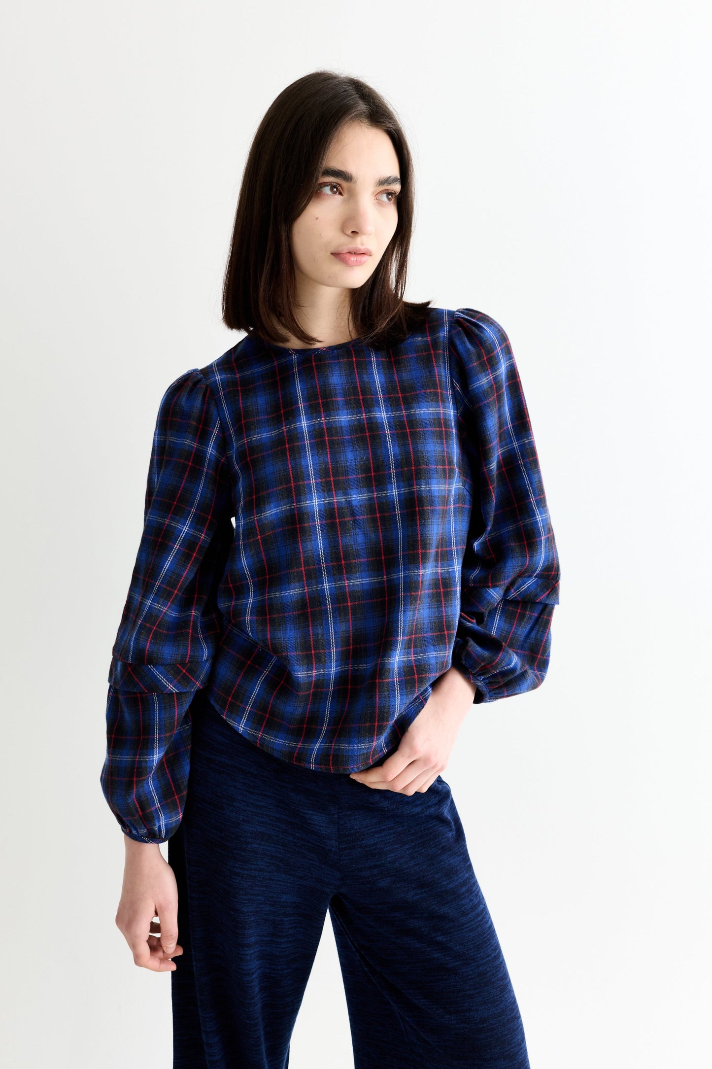 Rivka Winter Check Pleat Long Sleeve Blouse - Blue