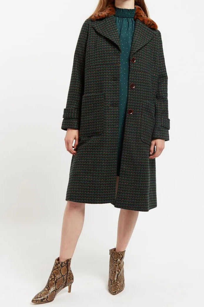 Louche Roksana Cottage Check Faux Fur Collared Coat