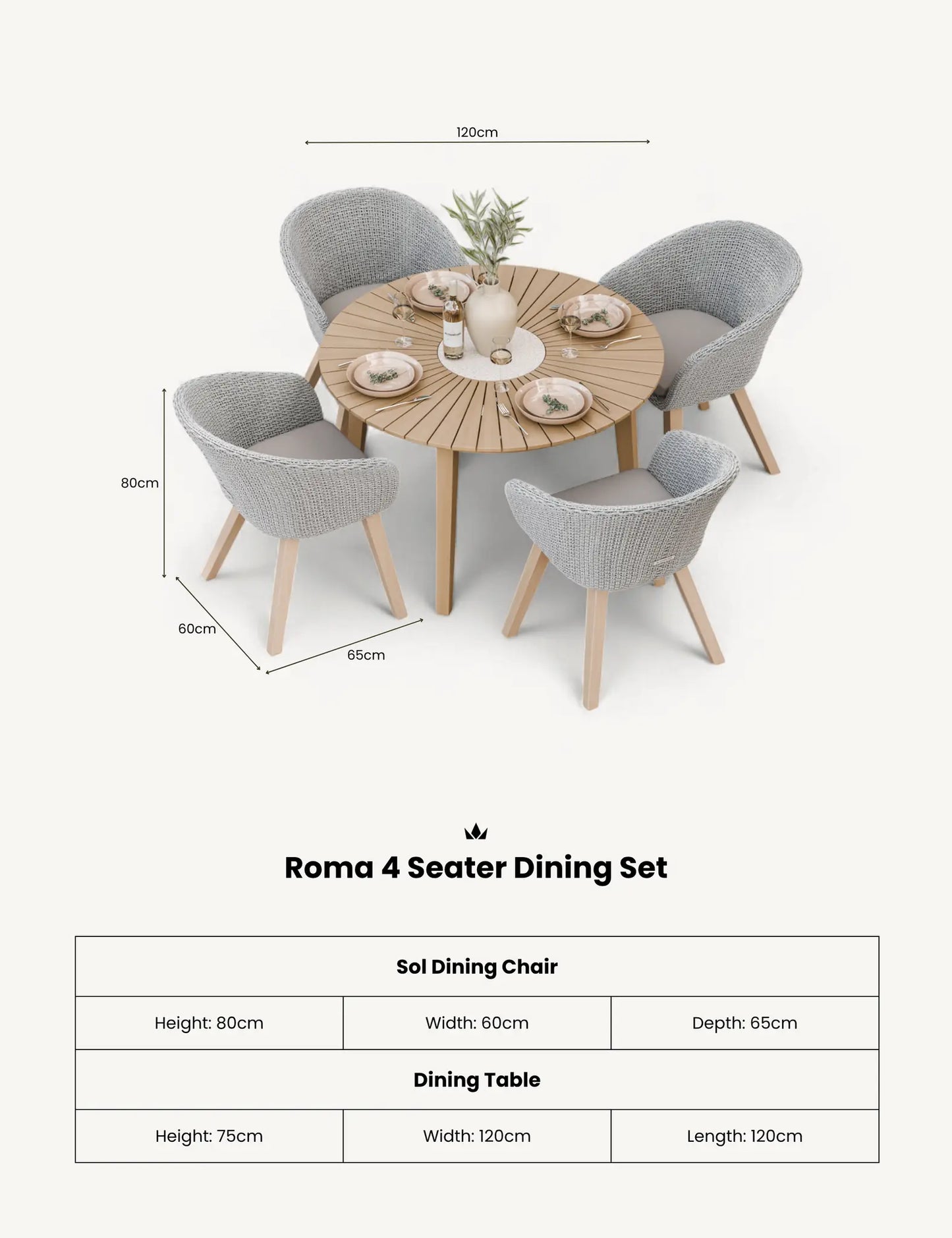 Roma 4 Seater Round Sunray with Terrazzo Insert Dining Set with Sol Dining Chairs