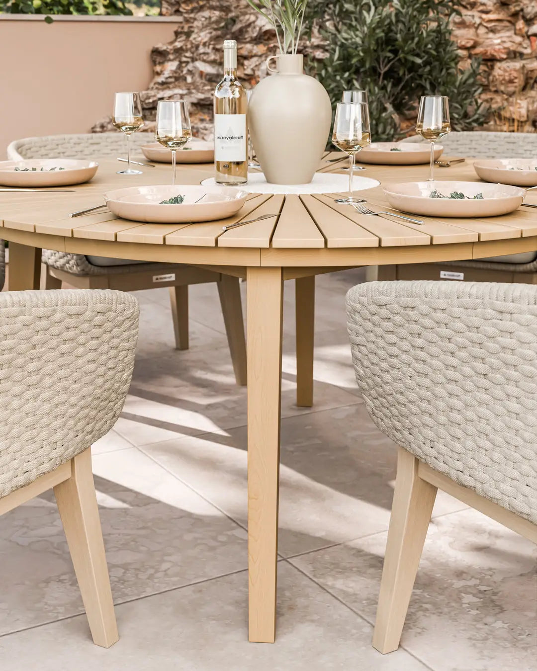 Roma 6 Seater Round Sunray with Terrazzo Insert Dining Set with Eden Dawn Chairs