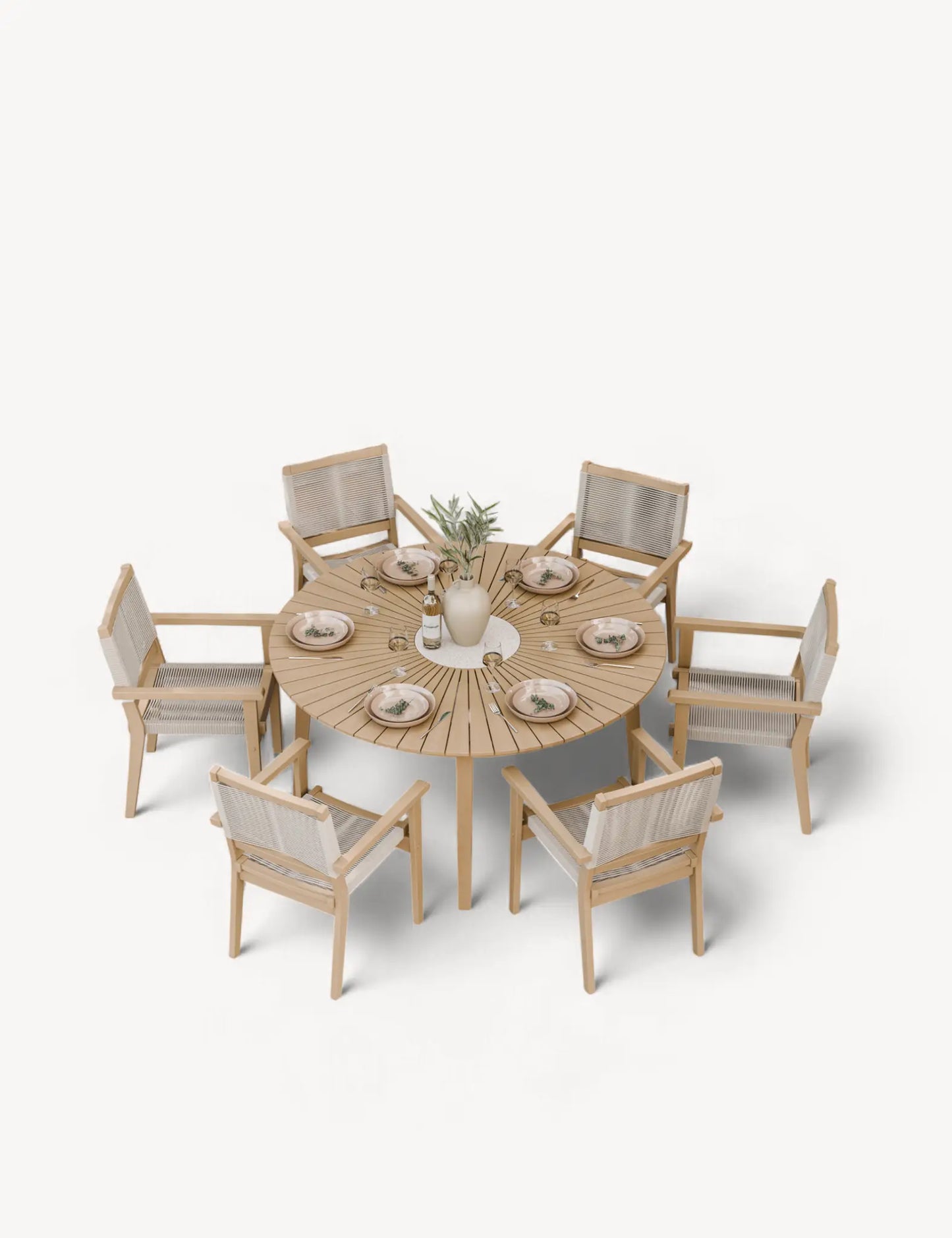 Roma 6 Seater Round Sunray with Terrazzo Insert Dining Set with Roma Rope Stacking Chairs