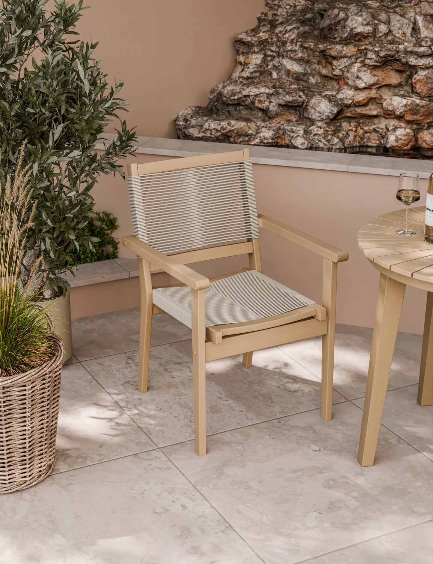 Roma 80cm Round Sunray Bistro Set with Roma Rope Stacking Chairs