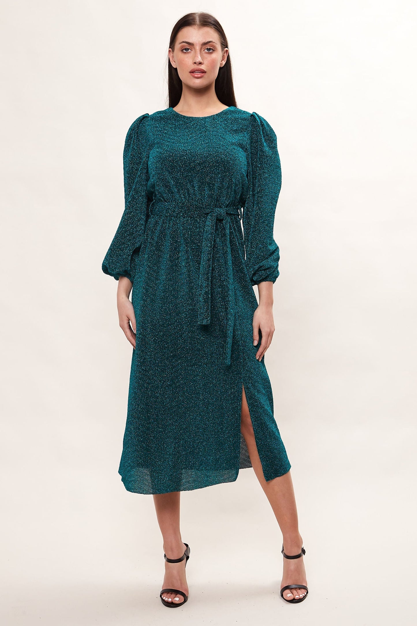 Louche Roza Lurex Jersey V Back Midi Dress - Petrol
